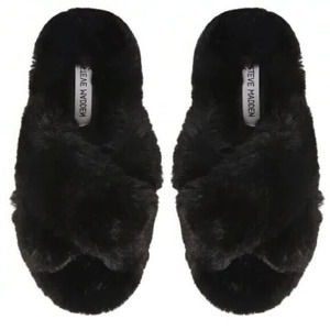 Steve Madden Faux Fur Fluffy Criss Cross Slip On Slippers Black Size L (9-10)